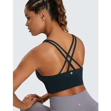 CRZ YOGA Womens Strappy Longline Sports Bra - Medium Impact Criss Cross Yoga Padded Workout Crop Top True Navy Large