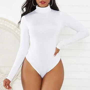 Zando Mock Turtleneck Bodysuit for Women Long Sleeve Tops Bodysuits for Going Out Shapewear Bodysuit Leotard Classic Basic Body Suit Jumpsuit Women Clothing A White Small