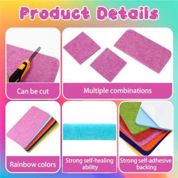 VitalCozy 7 Pcs Felt Pin Board Bar Strips 15.7" x 7.9'' - 2/5" Thick Bulletin Board Strip Rainbow Color Notice Memo Note Board with 60 Push Pins Self Adhesive Felt Board for Wall Home Office School