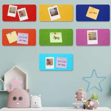 VitalCozy 7 Pcs Felt Pin Board Bar Strips 15.7" x 7.9'' - 2/5" Thick Bulletin Board Strip Rainbow Color Notice Memo Note Board with 60 Push Pins Self Adhesive Felt Board for Wall Home Office School