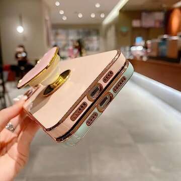 Espumoso Cute Case for iPhone 15 Pro 6.1'', Pink Phone Case with Heart Holder Stand Kickstand Soft TPU Shockproof Protective Cover, Luxury Plating Bumper Case for Girls Women