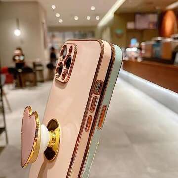 Espumoso Cute Case for iPhone 15 Pro 6.1'', Pink Phone Case with Heart Holder Stand Kickstand Soft TPU Shockproof Protective Cover, Luxury Plating Bumper Case for Girls Women