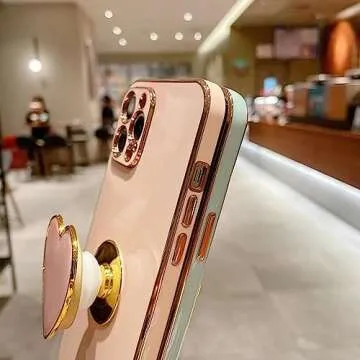 Espumoso Cute Case for iPhone 15 Pro 6.1'', Pink Phone Case with Heart Holder Stand Kickstand Soft TPU Shockproof Protective Cover, Luxury Plating Bumper Case for Girls Women