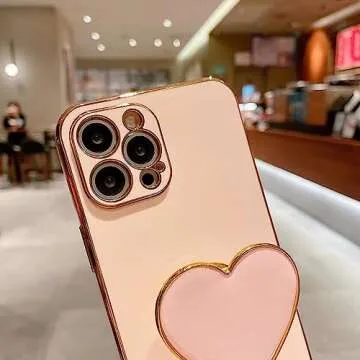Espumoso Cute Case for iPhone 15 Pro 6.1'', Pink Phone Case with Heart Holder Stand Kickstand Soft TPU Shockproof Protective Cover, Luxury Plating Bumper Case for Girls Women