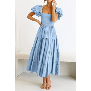 PRETTYGARDEN Women's Summer Midi Dress Puffy Sleeve Square Neck