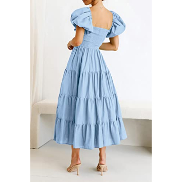 PRETTYGARDEN Women's Summer Midi Dress Puffy Sleeve Square Neck