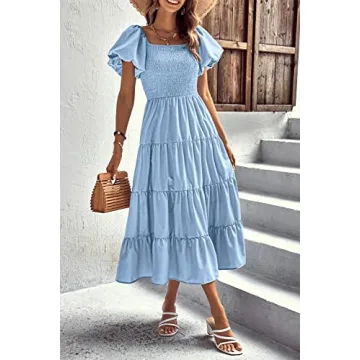 PRETTYGARDEN Women's Summer Midi Dress Puffy Sleeve Square Neck