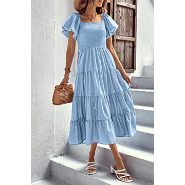 PRETTYGARDEN Women's Summer Midi Dress Puffy Sleeve Square Neck