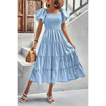 PRETTYGARDEN Women's Summer Midi Dress Puffy Sleeve Square Neck