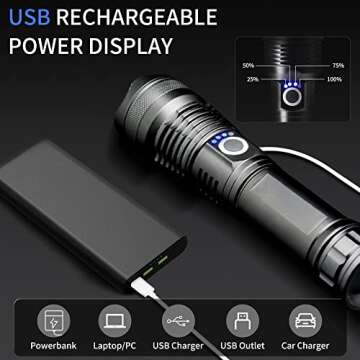 kwznob Rechargeable LED Flashlights 10000 High Lumens, Super Bright Tactical Flashlight with 5 Modes, Powerful Zoomable Flash Light, Waterproof Handheld Flashlight for Hiking Emergencies