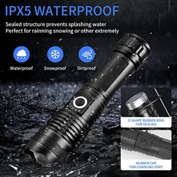 kwznob Rechargeable LED Flashlights 10000 High Lumens, Super Bright Tactical Flashlight with 5 Modes, Powerful Zoomable Flash Light, Waterproof Handheld Flashlight for Hiking Emergencies