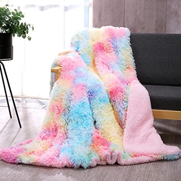 DANGTOP Faux Fur Throw Blanket, Tie Dye Fluffy Blanket, Super Soft Rainbow Blanket for Girls, Luxury...