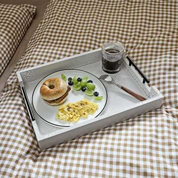 HOMKO Rustic Ottoman Tray with Metal Handles, 16 Inch Wood Serving Tray for Breakfast, Decorative Serving Trays Platter for Home Decorations Vintage, Coffee Tray, Living Room (White)