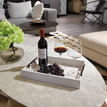 HOMKO Rustic Ottoman Tray with Metal Handles, 16 Inch Wood Serving Tray for Breakfast, Decorative Serving Trays Platter for Home Decorations Vintage, Coffee Tray, Living Room (White)