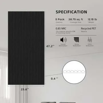5 Pack Acoustic Panels,47.2x23.6x0.4 inch Acoustical Wall Panels,Large Soundproof Panels,Self-Adhesi...