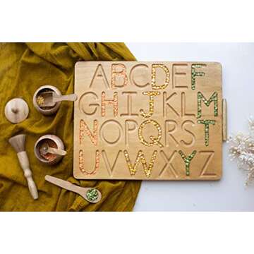KOOKAROO Letter Sensory Board: Wooden Alphabet Tracing Board, Montessori Letter Learning Toy for Kids Ages 3 & Up, Double Sided (Upper & Lower Case Letters), Sturdy Hardwood, 14.9 x 11.8 Inches