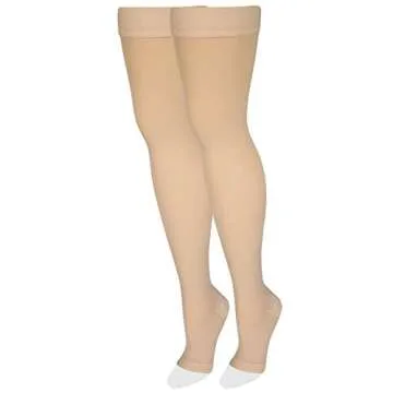 Amazon Basic Care Medical Compression Stockings, 20-30 mmHg Support, Women & Men Thigh Length Hose, Open Toe, Beige, Medium (Previously NuVein)