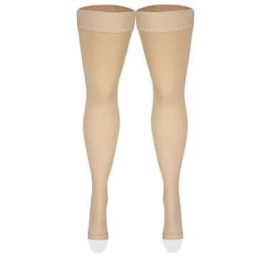 Amazon Basic Care Medical Compression Stockings, 20-30 mmHg Support, Women & Men Thigh Length Hose, Open Toe, Beige, Medium (Previously NuVein)