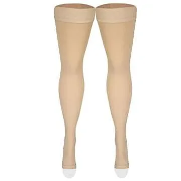 Amazon Basic Care Medical Compression Stockings, 20-30 mmHg Support, Women & Men Thigh Length Hose, Open Toe, Beige, Medium (Previously NuVein)