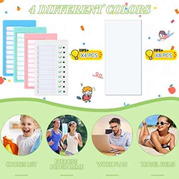 Queekay 4 Pcs Blank Chore Chart Kids Chore Chart, Plastic Checklist Board with 8 Detachable Cardstock to Do List for Home Routine Planning (White, Pink, Blue, Green)