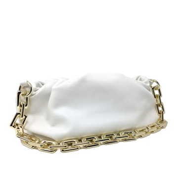 Trendy White Dumpling Clutch Purse with Chunky Chain