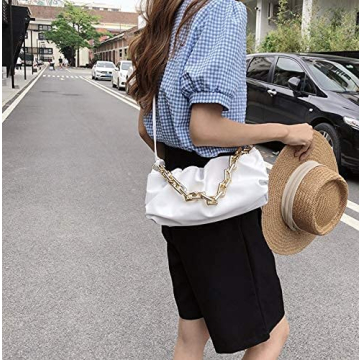 Trendy White Dumpling Clutch Purse with Chunky Chain