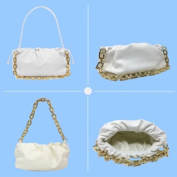 Trendy White Dumpling Clutch Purse with Chunky Chain