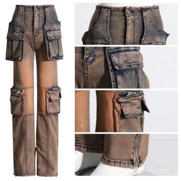 Vaceky Trendy Cargo Jeans Women High Waist Stretch Straight Leg Zipper Bottoms Denim Pants with Pockets Coffee