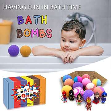3.5oz Bath Bombs for Kids Organic Essential Oil 12 Bubble Colorful Fizzy Bath Bomb with 6 Superhero Toys Keychain(Outside) Christmas/Birthday Gift Set for Girls or Boys