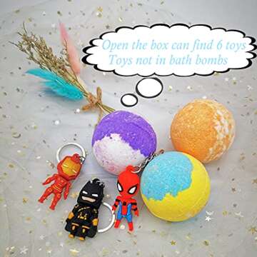 3.5oz Bath Bombs for Kids Organic Essential Oil 12 Bubble Colorful Fizzy Bath Bomb with 6 Superhero Toys Keychain(Outside) Christmas/Birthday Gift Set for Girls or Boys