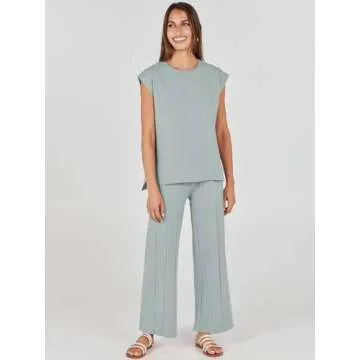 ANRABESS Women 2 Piece Outfits Casual Summer Sleeveless Tops Knit Pants Sweater Lounge Matching Sets 2025 Trendy Clothes Grey Green Small