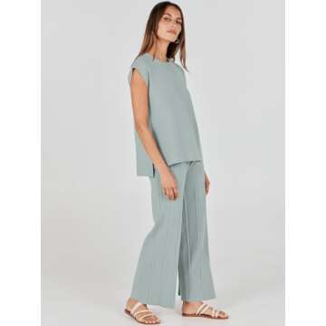 ANRABESS Women 2 Piece Outfits Casual Summer Sleeveless Tops Knit Pants Sweater Lounge Matching Sets 2025 Trendy Clothes Grey Green Small