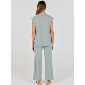 ANRABESS Women 2 Piece Outfits Casual Summer Sleeveless Tops Knit Pants Sweater Lounge Matching Sets 2025 Trendy Clothes Grey Green Small