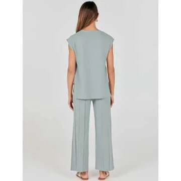 ANRABESS Women 2 Piece Outfits Casual Summer Sleeveless Tops Knit Pants Sweater Lounge Matching Sets 2025 Trendy Clothes Grey Green Small