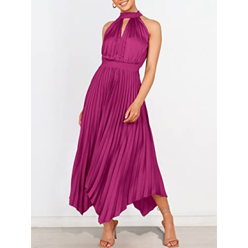 ANRABESS Women's Sleeveless Cutout Halter Neck Satin Formal Asymmetric Party Cocktail Elegant Wedding Guest Evening Dress Rose Medium