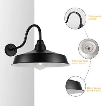 Diyel Dusk to Dawn Gooseneck Barn Lights Outdoor, 16 Inch Dome Large Farmhouse Exterior Light Fixtur...