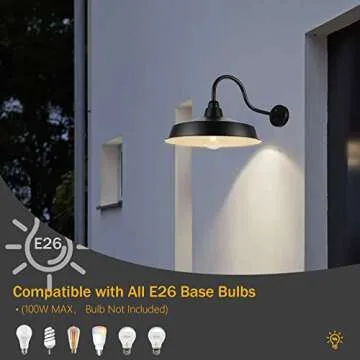 Diyel Dusk to Dawn Gooseneck Barn Lights Outdoor, 16 Inch Dome Large Farmhouse Exterior Light Fixture Wall Mount, Industrial Outdoor Wall Sconce Outside for House, Shop, Porch, Garage,DDRZ020 BK-4PACK