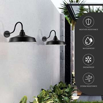Diyel Dusk to Dawn Gooseneck Barn Lights Outdoor, 16 Inch Dome Large Farmhouse Exterior Light Fixture Wall Mount, Industrial Outdoor Wall Sconce Outside for House, Shop, Porch, Garage,DDRZ020 BK-4PACK