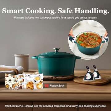 Overmont Enameled Cast Iron Dutch Oven - 7QT Pot with Lid Cookbook & Cotton Potholders - Heavy-Duty Cookware for Braising, Stews, Roasting, Bread Baking bottle green