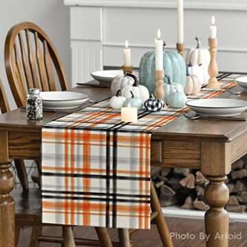 Artoid Mode Orange Black Buffalo Plaid Fall Table Runner, Halloween Kitchen Dining Table Decoration for Outdoor Home Party 13x72 Inch