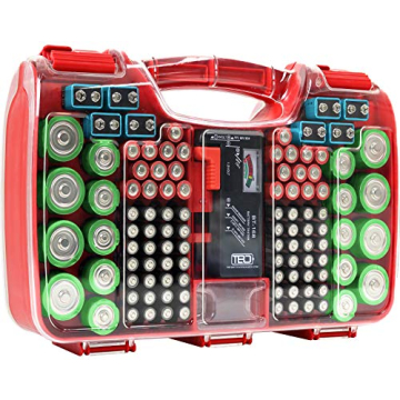 Battery Organizer Storage Case with Tester, Holds 180 Batteries, Clear Hinged Cover, Locking Lid - F...