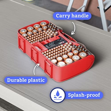 Battery Organizer Storage Case with Tester, Holds 180 Batteries, Clear Hinged Cover, Locking Lid - For AA, AAA, C, D and More