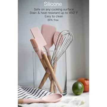Country Kitchen Non Stick Silicone Utensil Set with Rounded Wood Handles for Cooking and Baking, 6 Piece Set, Pink