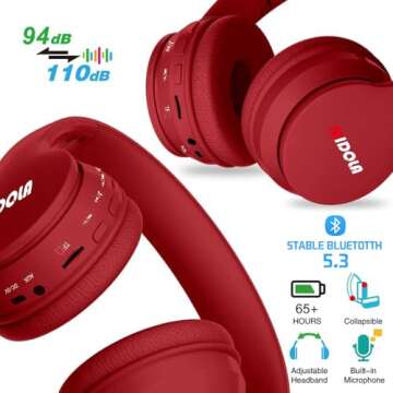 MIDOLA Kids Headphones Bluetooth 5.3 Wireless 60H Play Time Volume Limit 85/110dB Over Ear Foldable Protection Headset/Wired AUX Cord Mic for Children Boy Girl Travel School Phone Pad Tablet Red
