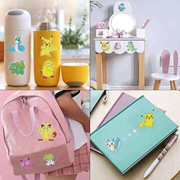 18 Pcs Diamond Art Stickers Kits for Kids, DIY Cartoon Paint by Numbers Diamonds Mosaic Stickers for Kids Arts Diamond Craft Stickers for Kids and Adult Beginners