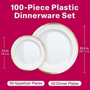 Aya's Cutlery Kingdom 100 Disposable White Plastic Plates with Gold Trim - Includes 50 Plastic Dinne...