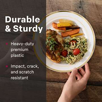 Aya's Cutlery Kingdom 100 Disposable White Plastic Plates with Gold Trim - Includes 50 Plastic Dinner Plates (10-Inch) and 50 Salad Dessert Plates (7.5-Inch) - Heavy Duty and Elegant Party Plates