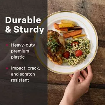 Aya's Cutlery Kingdom 100 Disposable White Plastic Plates with Gold Trim - Includes 50 Plastic Dinner Plates (10-Inch) and 50 Salad Dessert Plates (7.5-Inch) - Heavy Duty and Elegant Party Plates