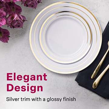 Aya's Cutlery Kingdom 100 Disposable White Plastic Plates with Gold Trim - Includes 50 Plastic Dinner Plates (10-Inch) and 50 Salad Dessert Plates (7.5-Inch) - Heavy Duty and Elegant Party Plates