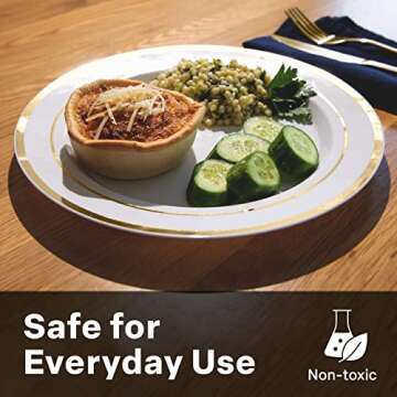 Aya's Cutlery Kingdom 100 Disposable White Plastic Plates with Gold Trim - Includes 50 Plastic Dinner Plates (10-Inch) and 50 Salad Dessert Plates (7.5-Inch) - Heavy Duty and Elegant Party Plates